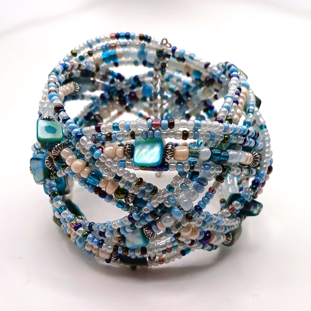 Indonesia Braided Seed Bead Shells Abalone Cuff Bracelet NEW